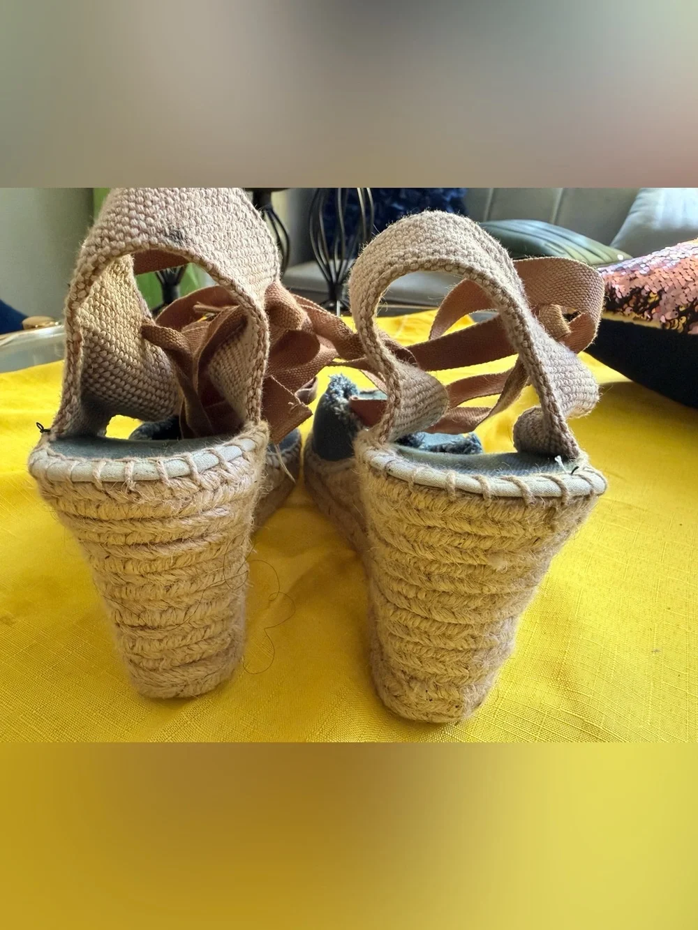 Toms Blue Canvas Espadrille Wrap Sandals with Brown Ties